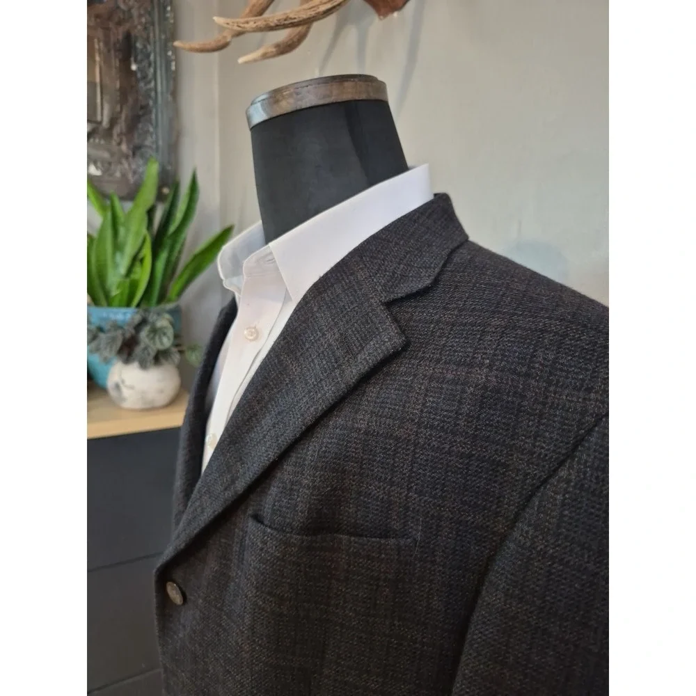 Oscar De La Renta Mens Sports Coat 46R Charcoal Plaid Wool 3 Button Blazer Q702